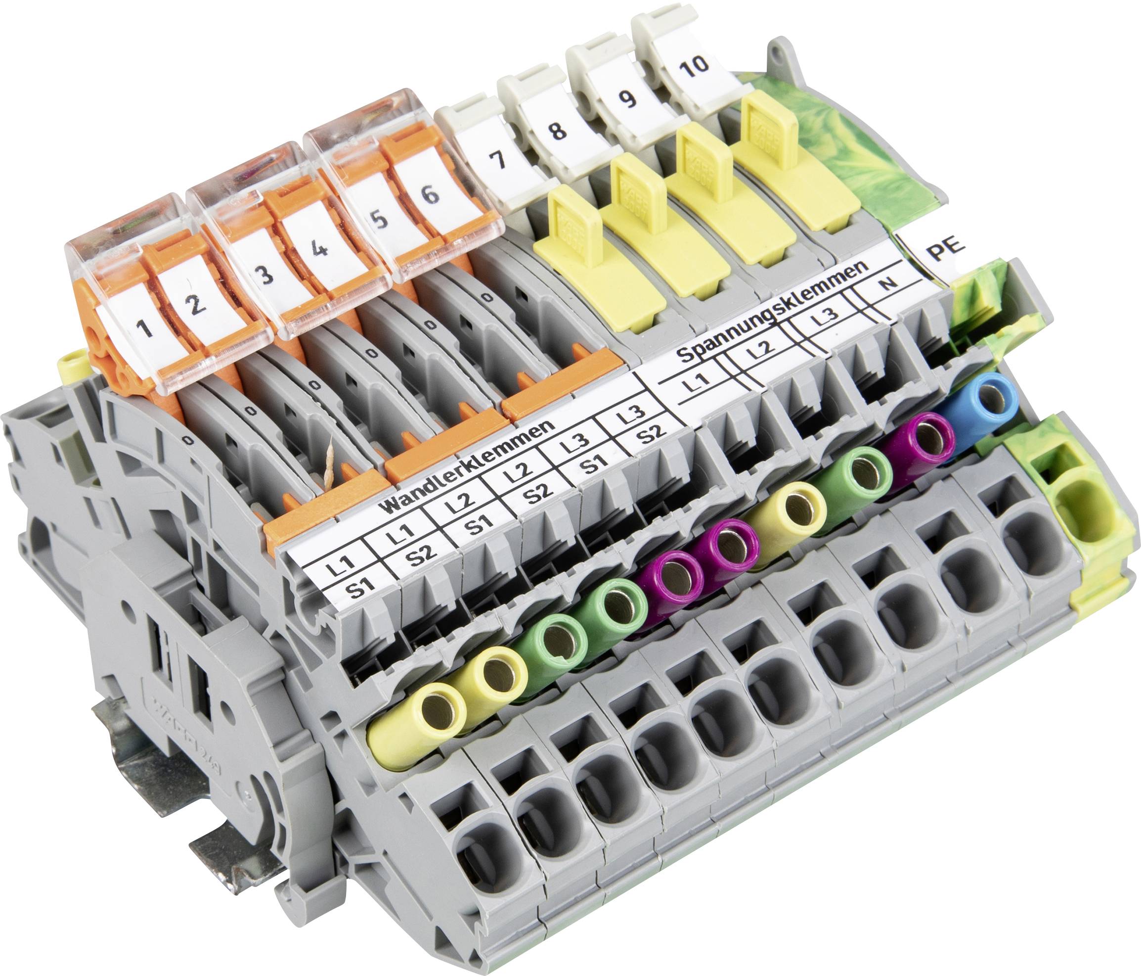Das Bild zeigt eine mehrstufige Klemmleiste mit nummerierten Hebeln und farbcodiert Anschlüssen für die Verdrahtungsverwaltung in elektrischen Systemen.