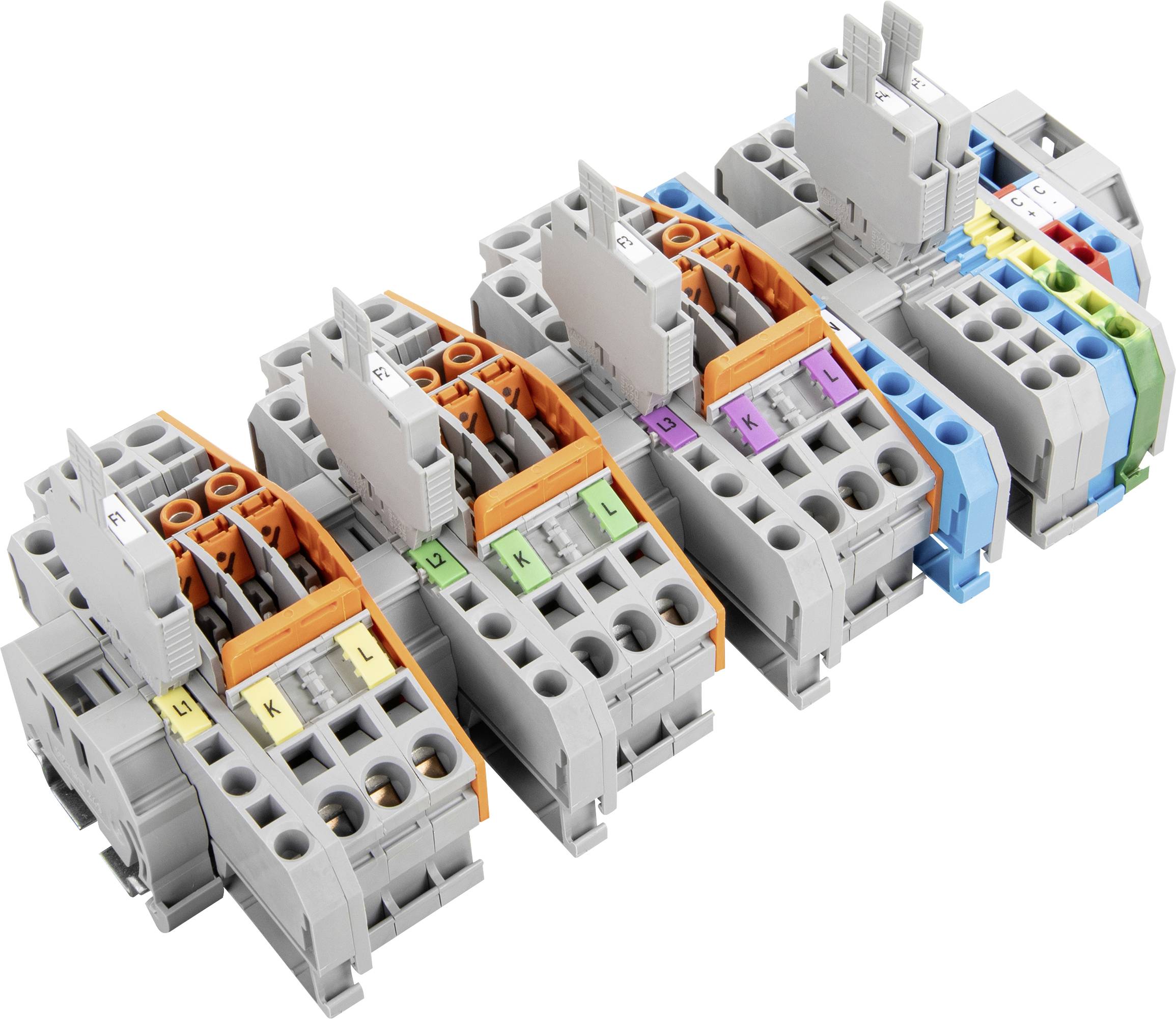 Ein Satz von vier modularen Klemmleisten, die für elektrische Verbindungen verwendet werden, mit farbcodierten Abschnitten, angeordnet in einer Reihe auf weißem Hintergrund.