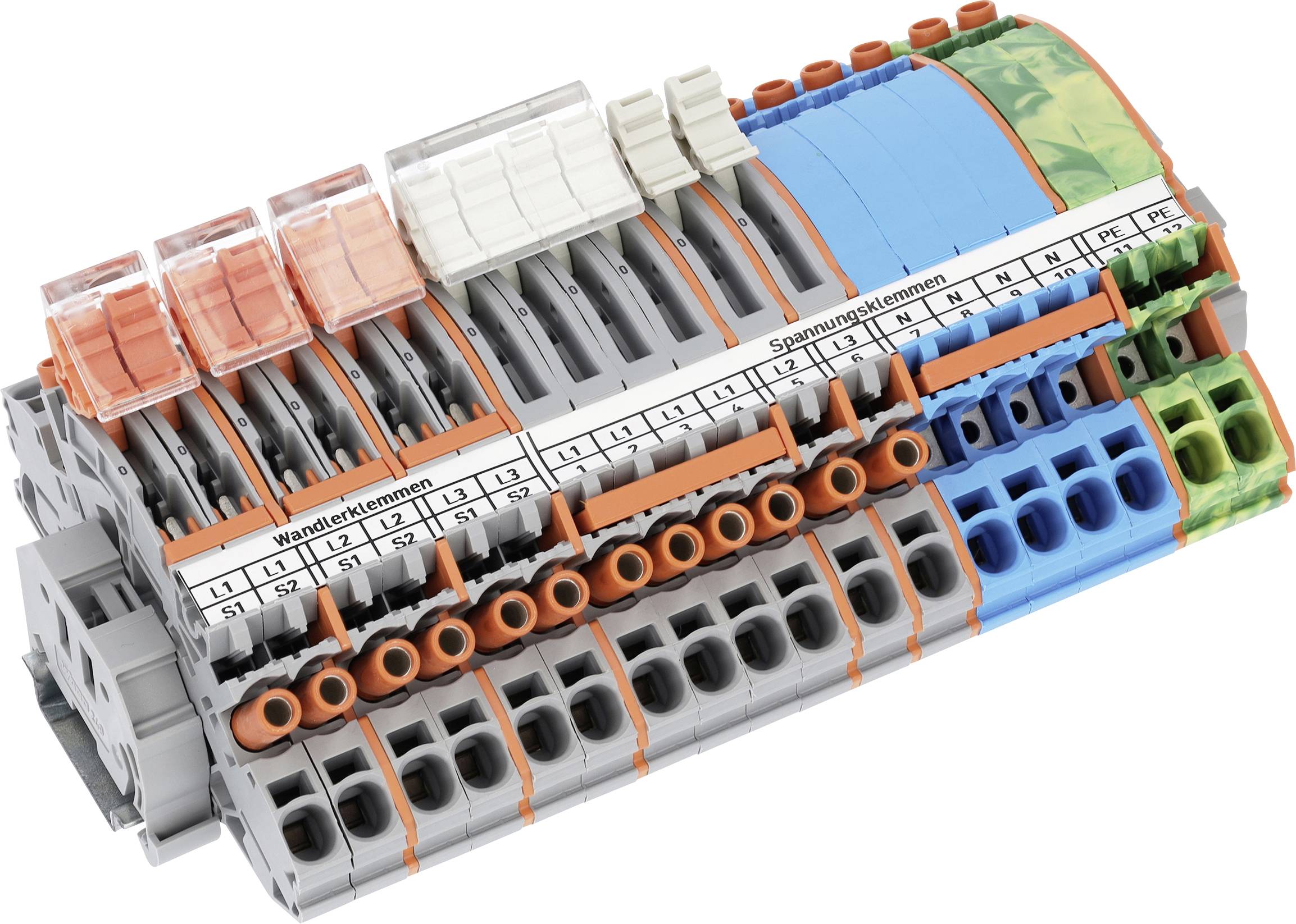 Elektrischer Klemmenblock mit mehreren Anschllusspunkten, gekennzeichneten Abschnitten und farbigen Markierungen, verwendet zum Organisieren und Verteilen von Verkabelung.