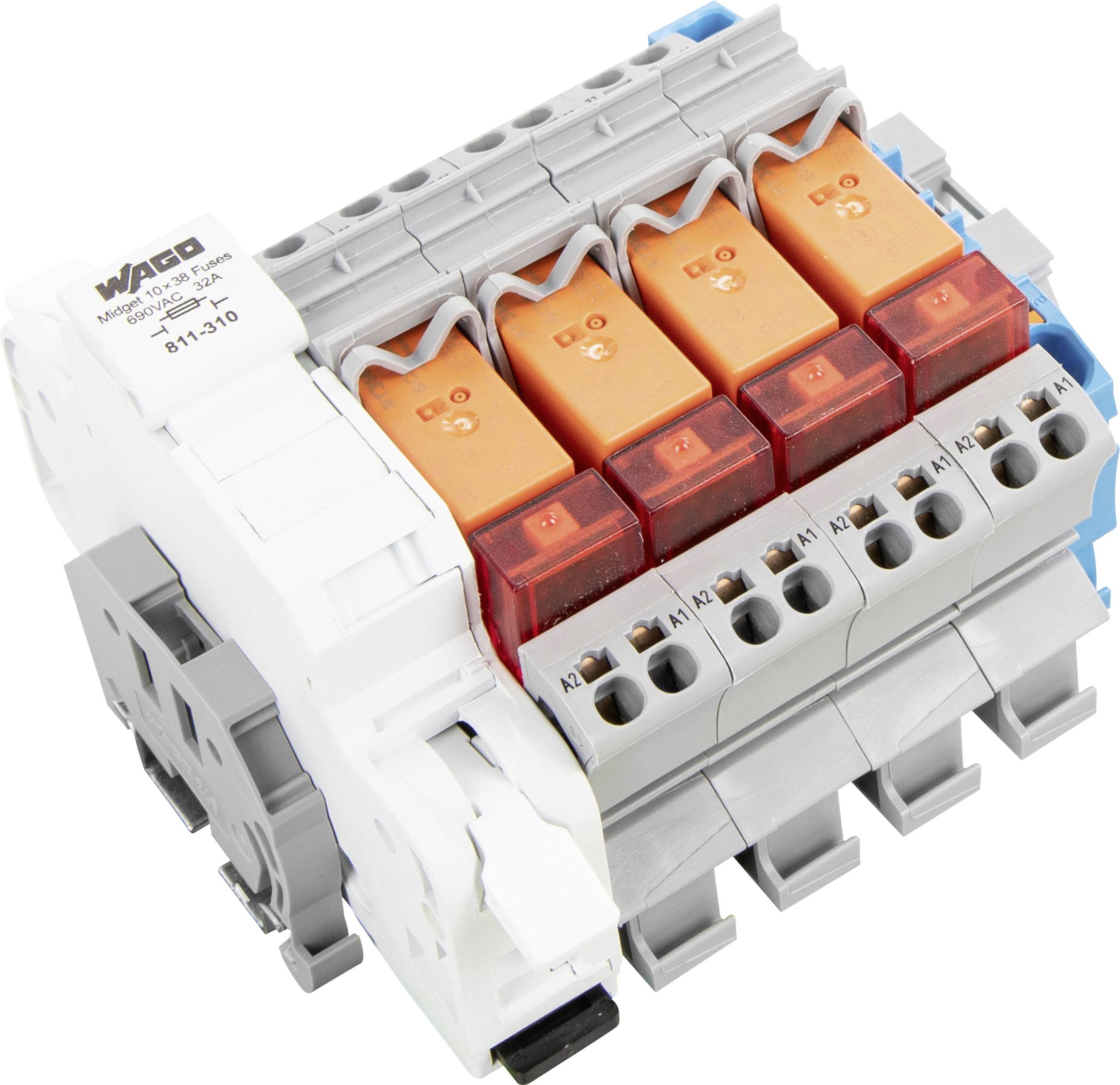 Ein weiß-oranges modulares Elektroklemmenblock mit mehreren Anschlußpunkten, mit der Bezeichnung "WAGO".
