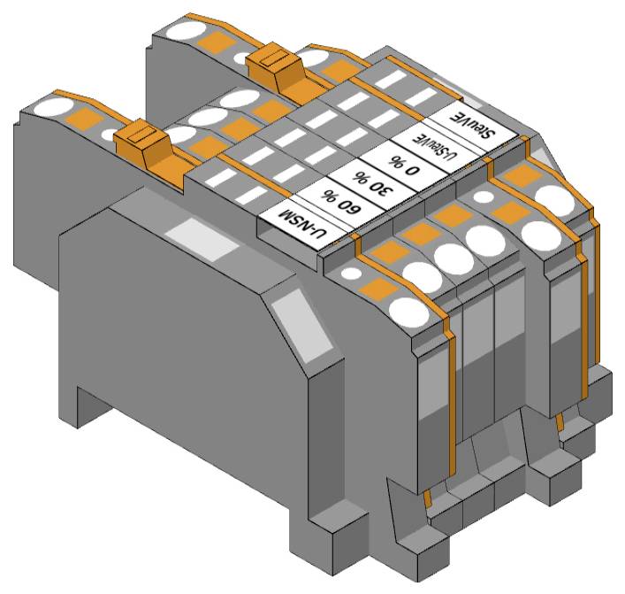 Ein Diagramm einer elektrischen Komponente mit gekennzeichneten Anschlüssen, das Gebrauchsanweisungen mit Prozentsätzen für „Stoß", „Üblich", „90%" und „30%" zeigt.