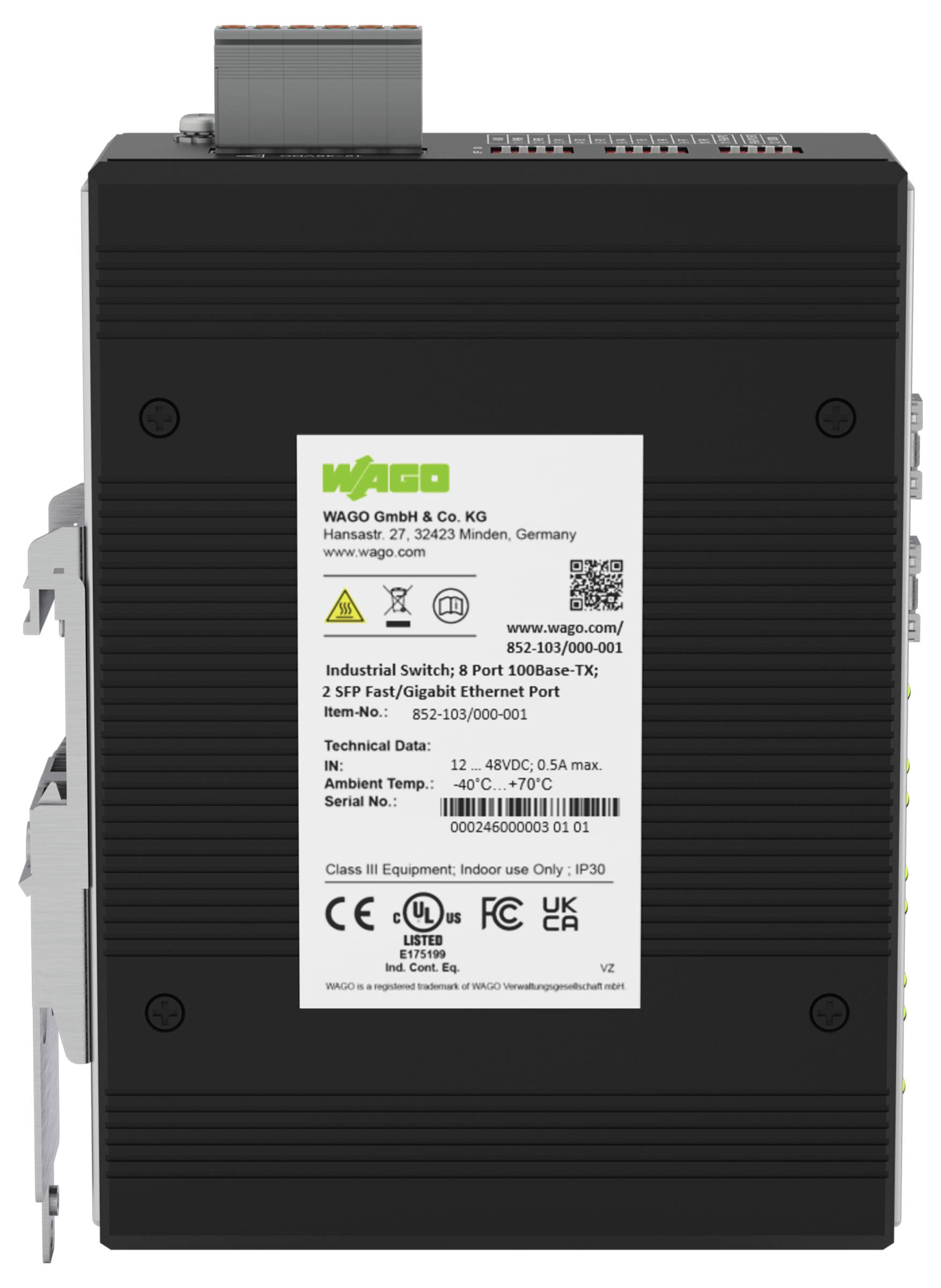Industrieller Switch mit 8 Anschlüssen, gekennzeichnet mit „WAGO GmbH & Co. KG", Modellinformationen angezeigt, verwendet für Ethernet-Verbindungen, schwarzes Gehäuse.