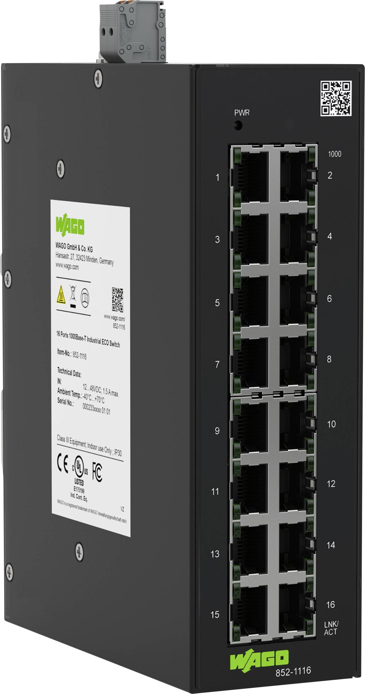 Ein WAGO Industrial-Ethernet-Switch mit 16 Ports, Modell 852-1116. Geeignet für Netzwerkanwendungen.