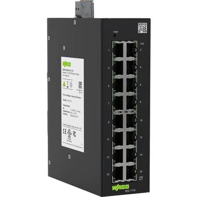 Ein WAGO Industrial-Ethernet-Switch mit 16 Ports, Modell 852-1116. Geeignet für Netzwerkanwendungen.