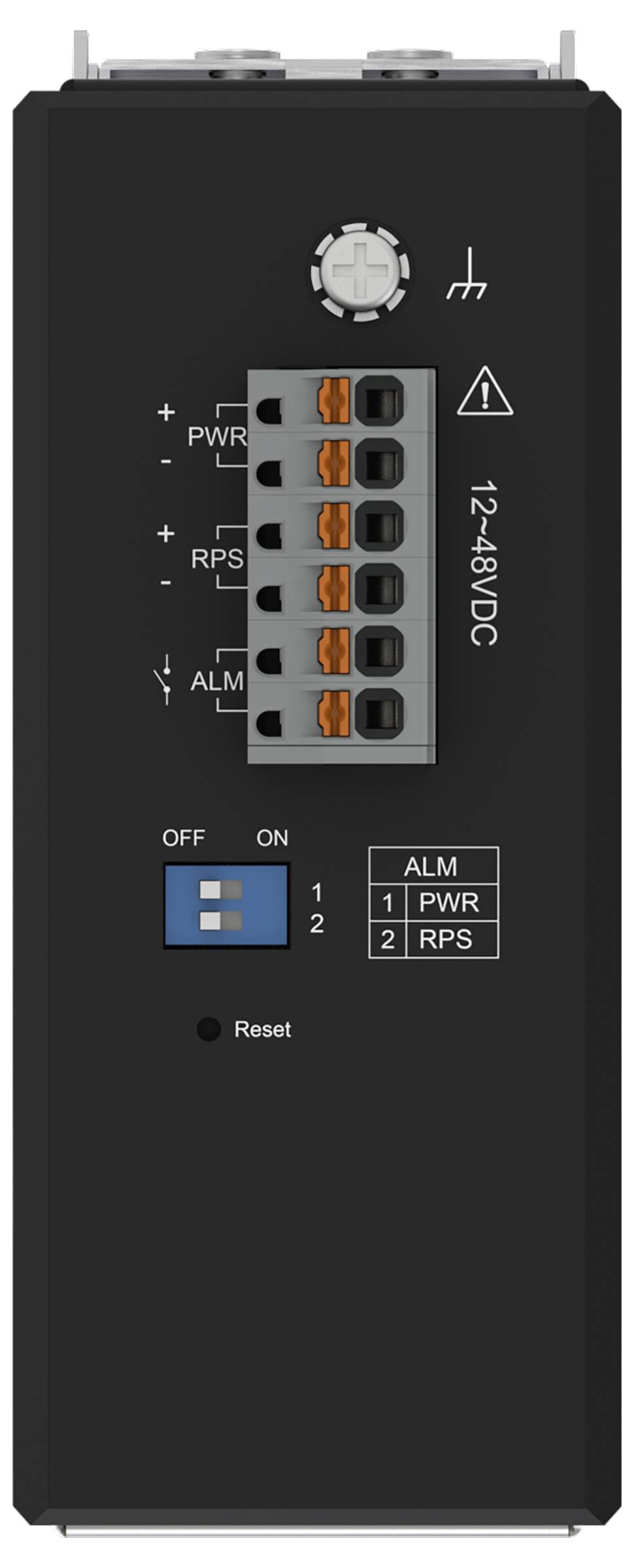 Ein schwarzes Bedienfeld mit Schaltern und Anzeigelampen mit den Beschriftungen „AUS" und „EIN". Es zeigt Statusleuchten für „ALM", „PWR" und „RPS" mit einem numerischen Tastenfeld.