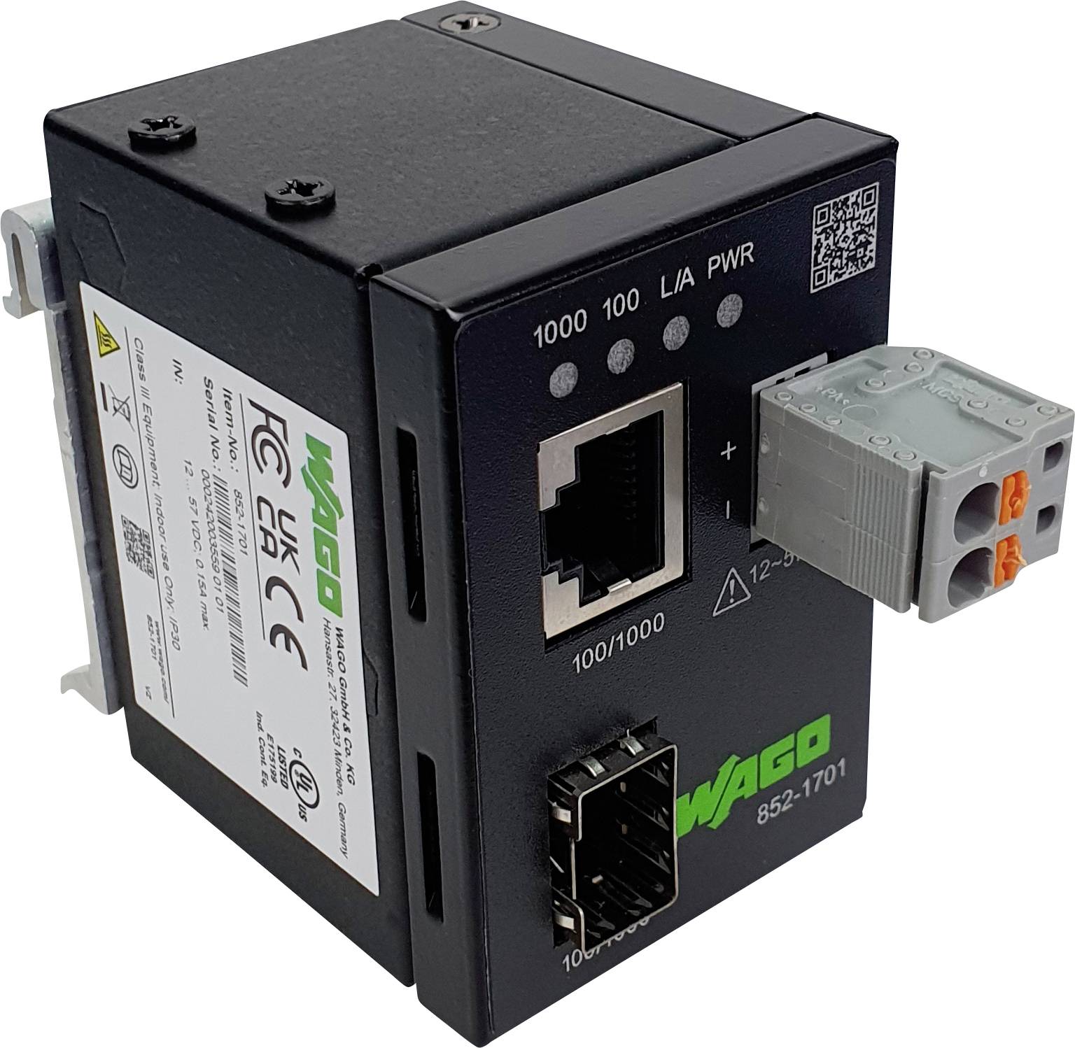 „Wago 852-1701" Industrial-Ethernet-Schalter mit sichtbaren Beschriftungen und Portindikatoren, mit mehreren Anschlussanschlüssen und einer Status-LED.