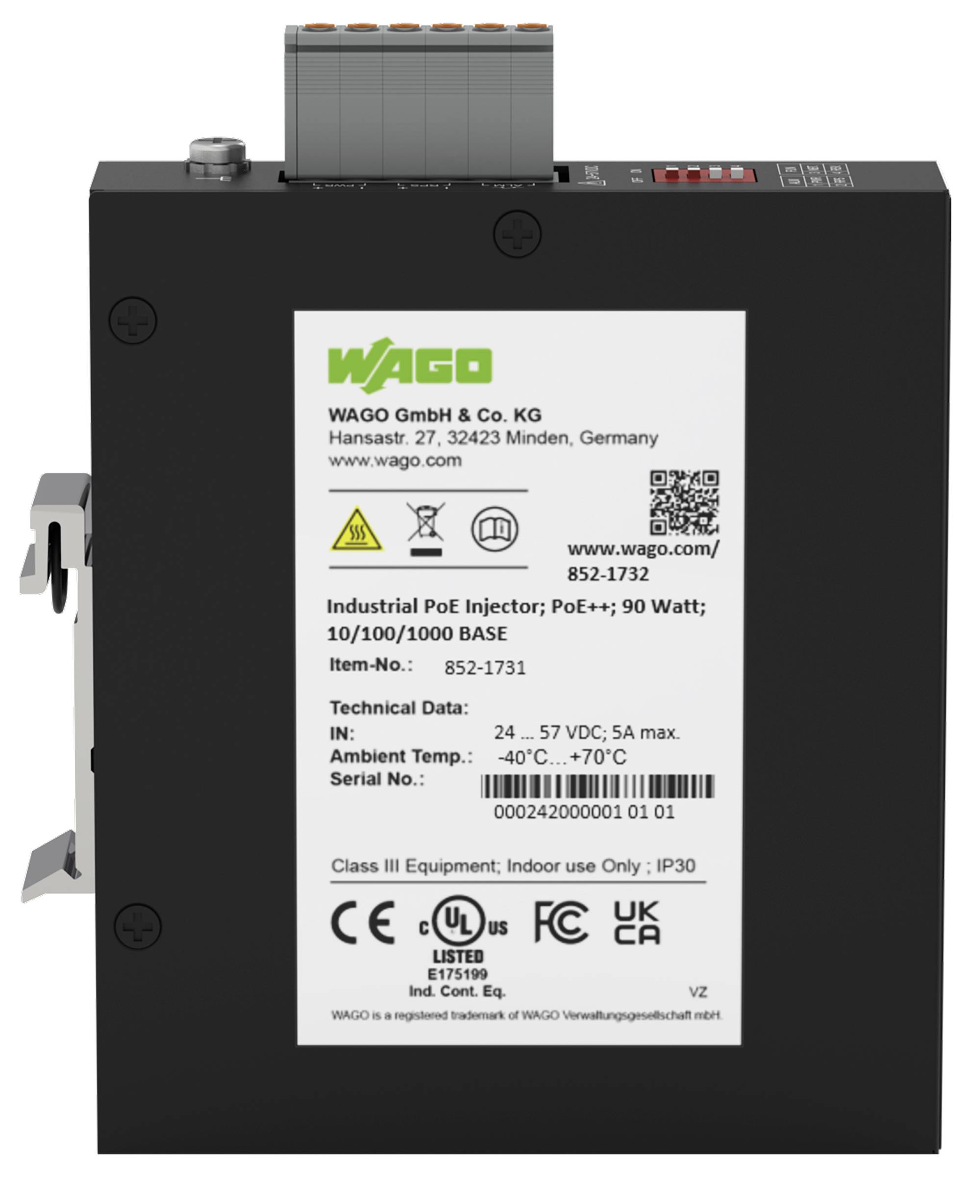 Industrie-PoE-Injektor von WAGO, Modell 852-1732. Unterstützt 10/100/1000 BASE, Eingang 24-57 VDC, 5A max. Teilenummer: 852-1731.