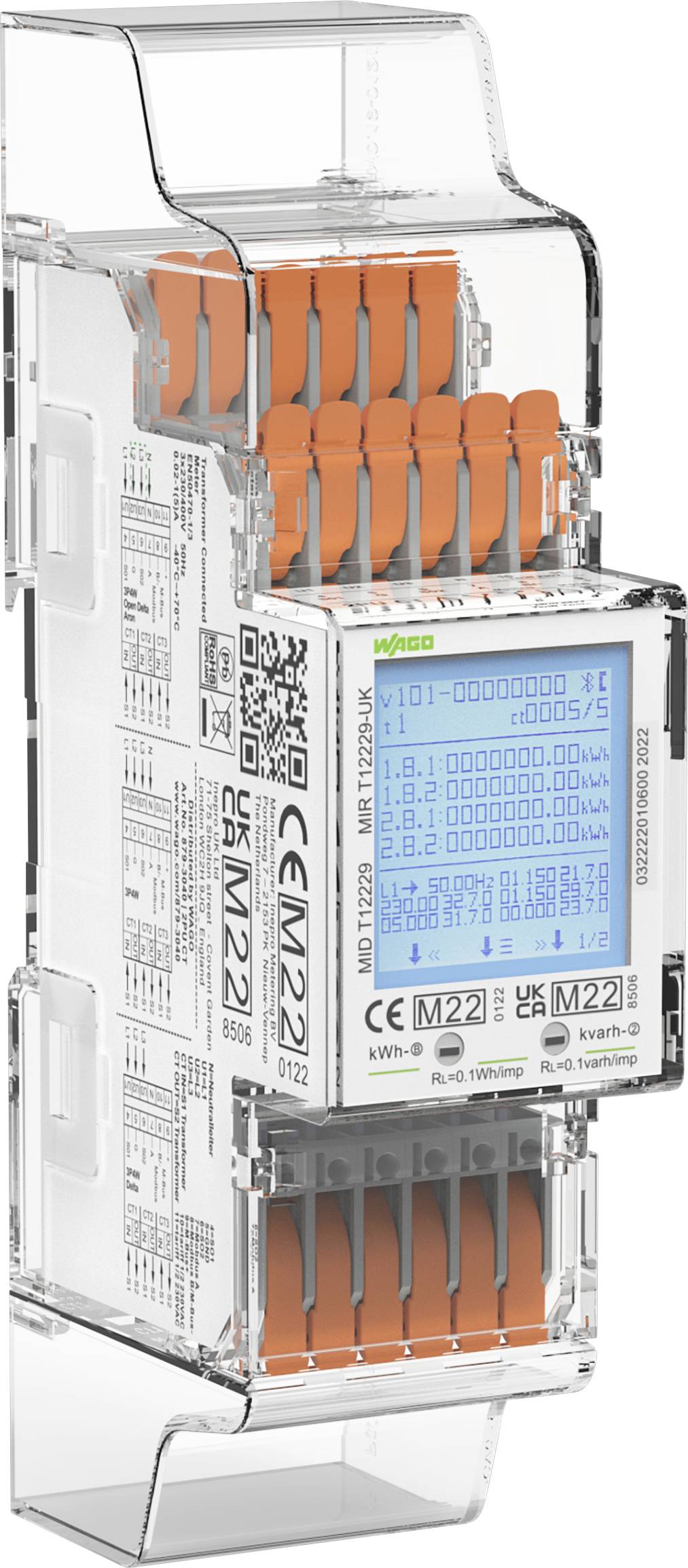 Ein transparentes elektronisches Modul mit orangefarbenen Steckverbindern und einem digitalen Display, das eine Datenfolge und technische Spezifikationen anzeigt.