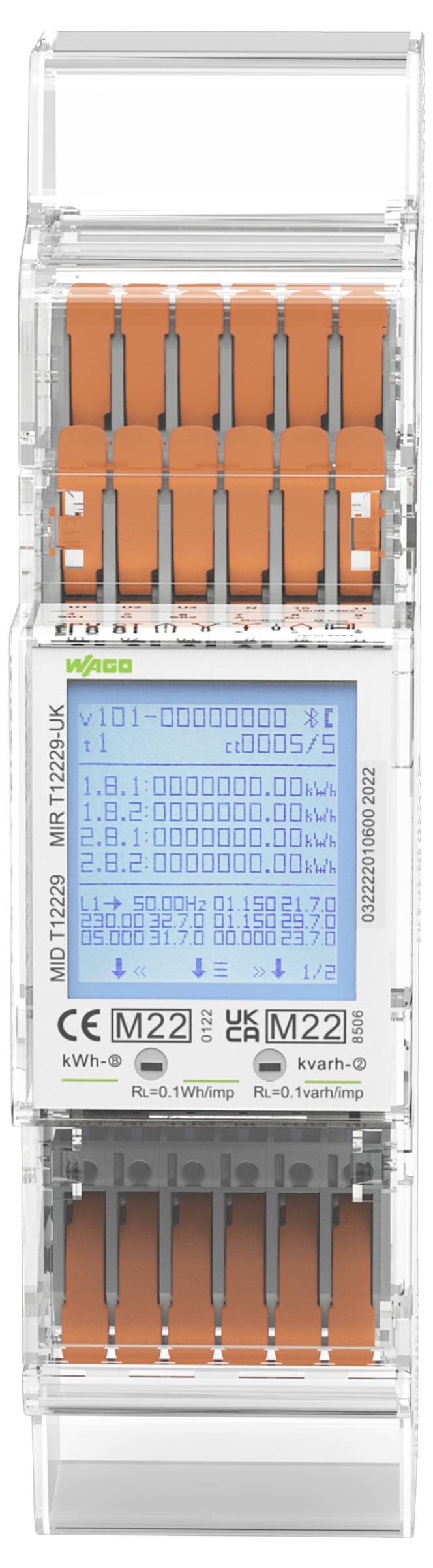 Ein digitales Stromzähler, der Verbrauchsdaten in Kilowattstunden anzeigt. Das Display zeigt Zahlen und Einstellungen. Orange-Anschlüsse sind unten sichtbar.