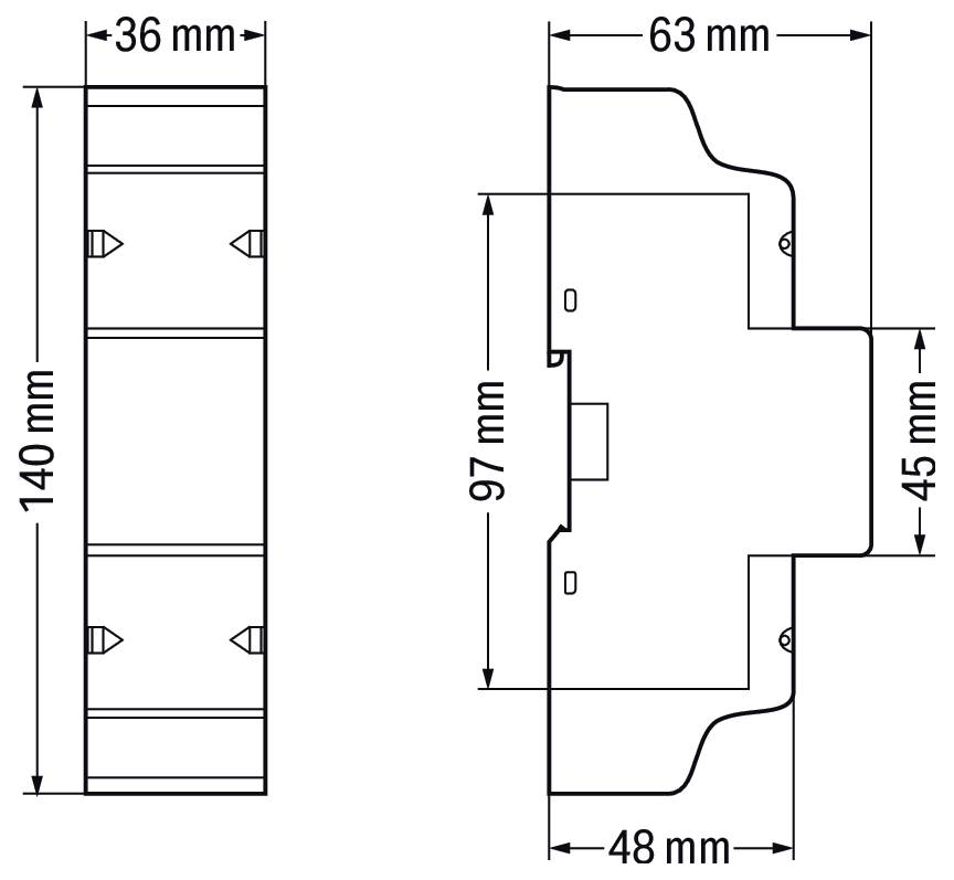 Technische Zeichnung eines rechteckigen Geräts mit Abmessungen: 140 mm x 36 mm aus der Vorderansicht, 97 mm x 63 mm aus der Seitenansicht. Zusätzlicher Abschnitt misst 48 mm x 45 mm.