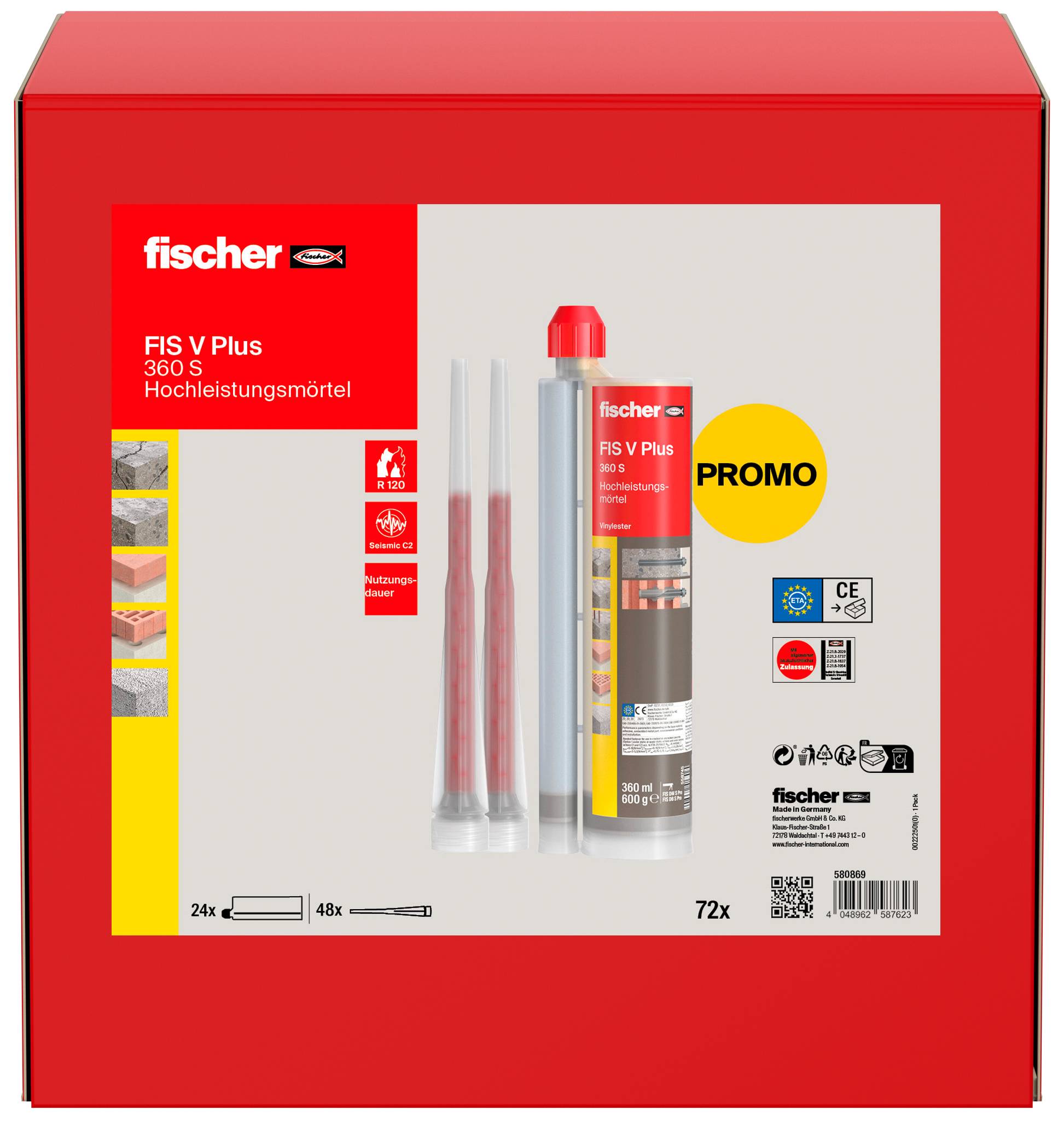Red Fischer FIS V Plus 360 S Hochleistungsmörtel Promobox mit Patrone, zwei Mischdüsen und Produktetiketten.