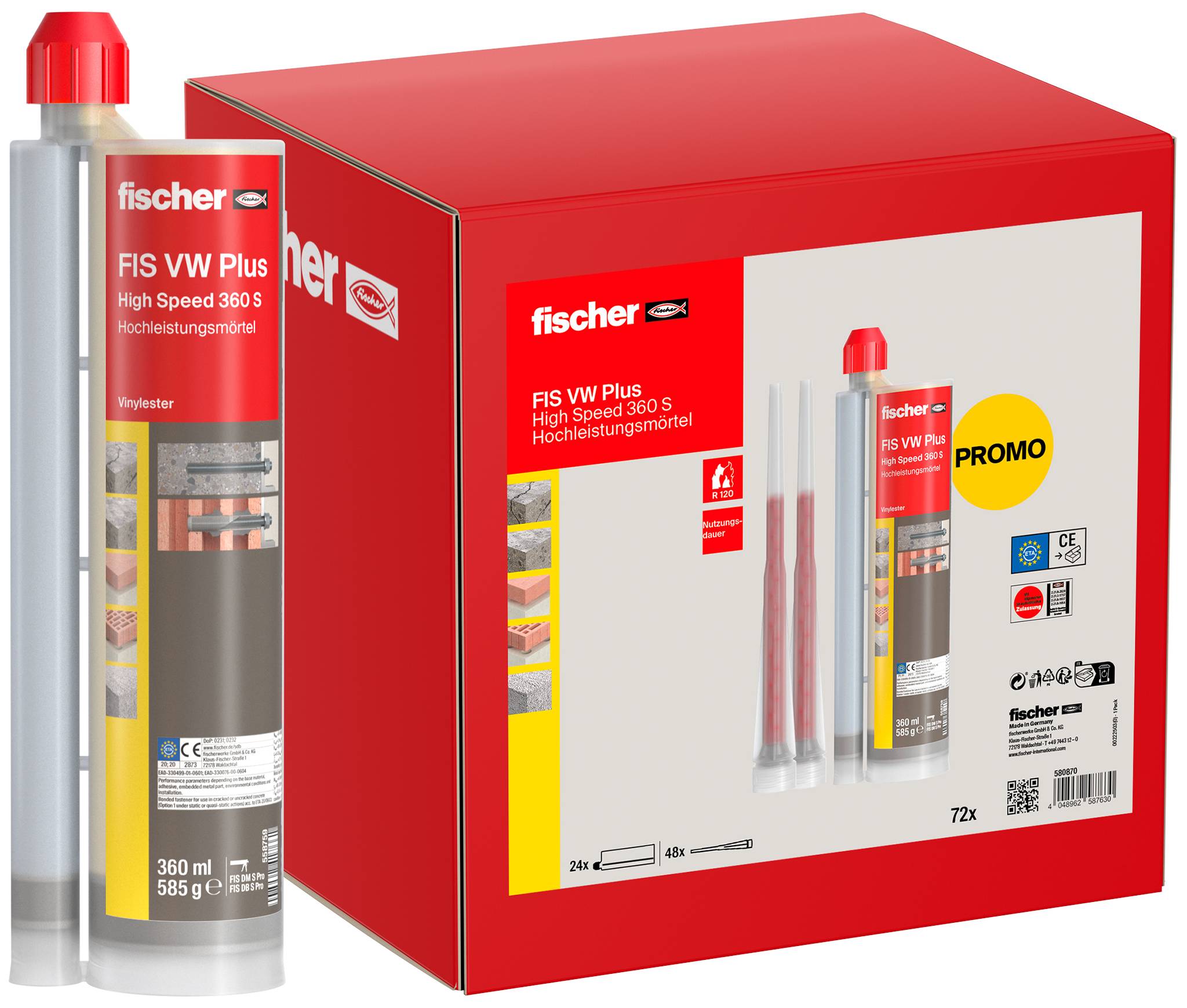 Produktpaket für das fischer FIS VW Plus High Speed 360 S Klebstoffsystem mit Kartusche, Mischingel und 72er Promo-Box