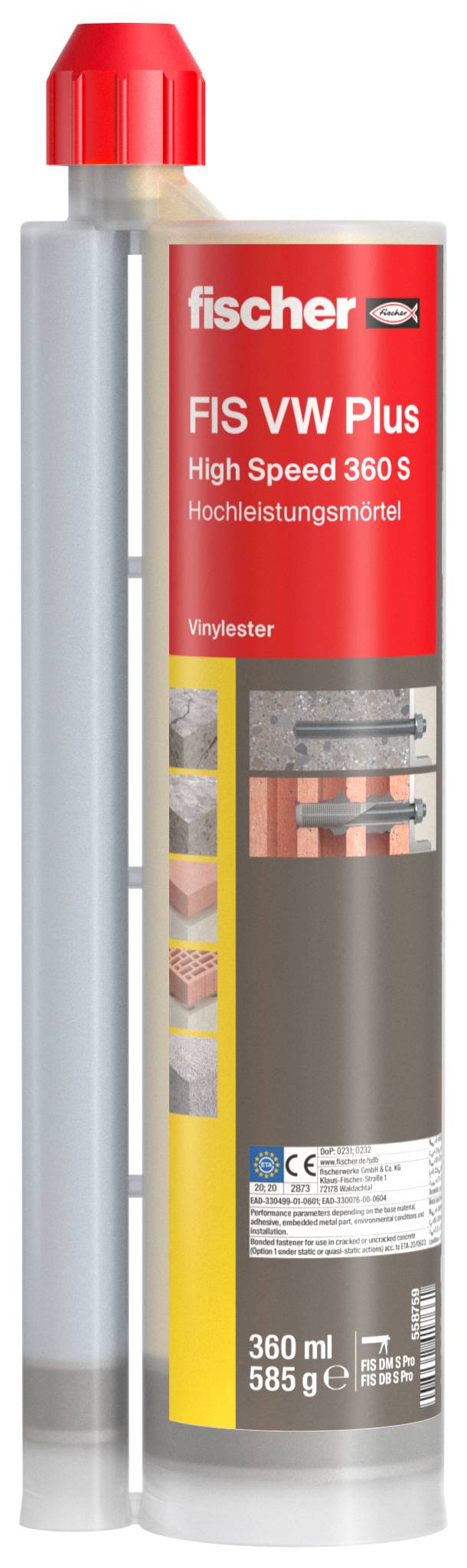 Eine Fischer FIS VW Plus Hochgeschwindigkeitsmörtelpatro ne, 360 ml/585 g, in einer grauen Tube mit roter Kappe und Produktetikett dargestellt.
