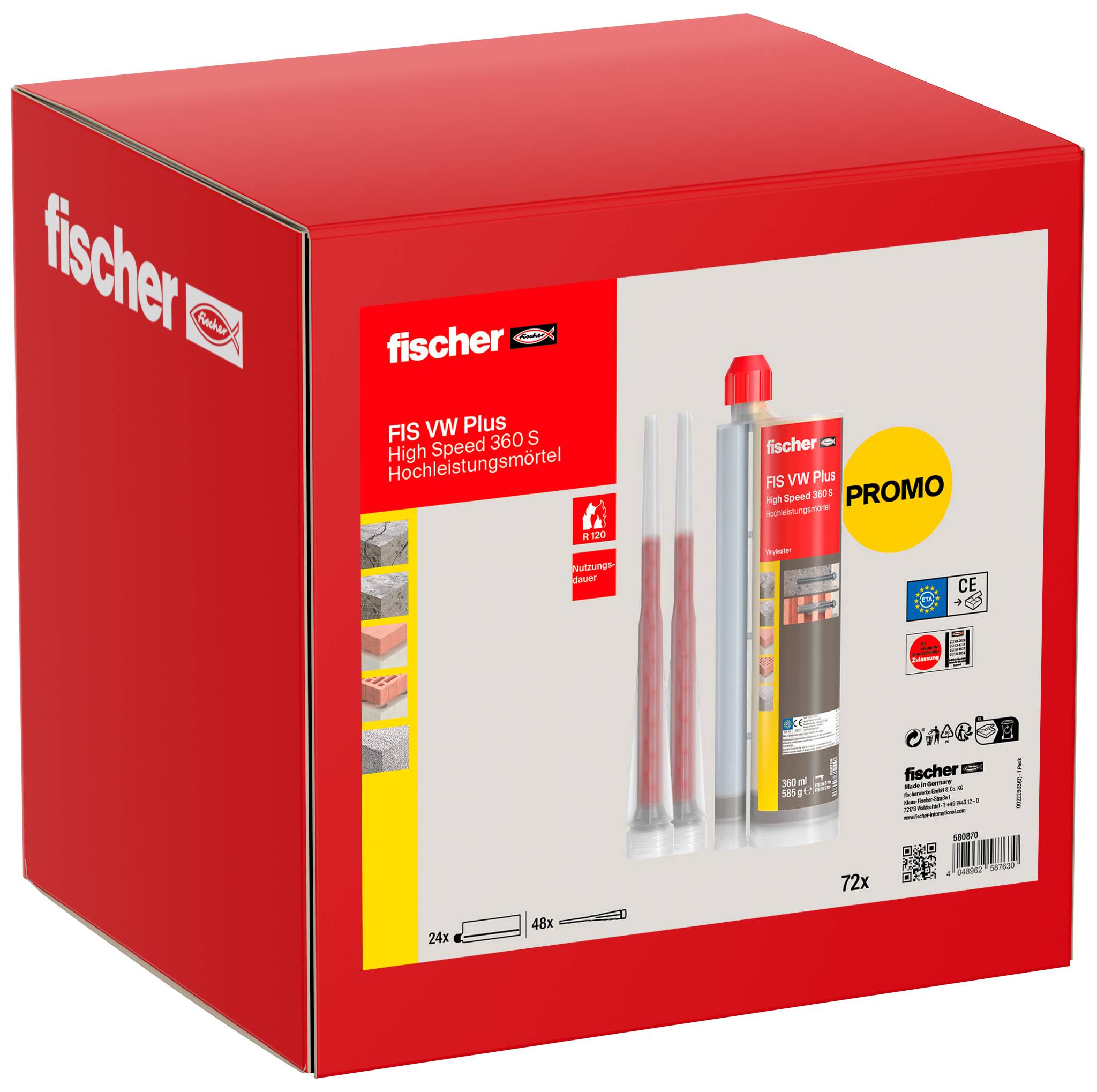 Rot Fischler Produktbox für 'FIS VW Plus Hochgeschwindigkeitsmörtel 360 S', gekennzeichnet mit 'PROMO', mit Patronen und Zubehör.
