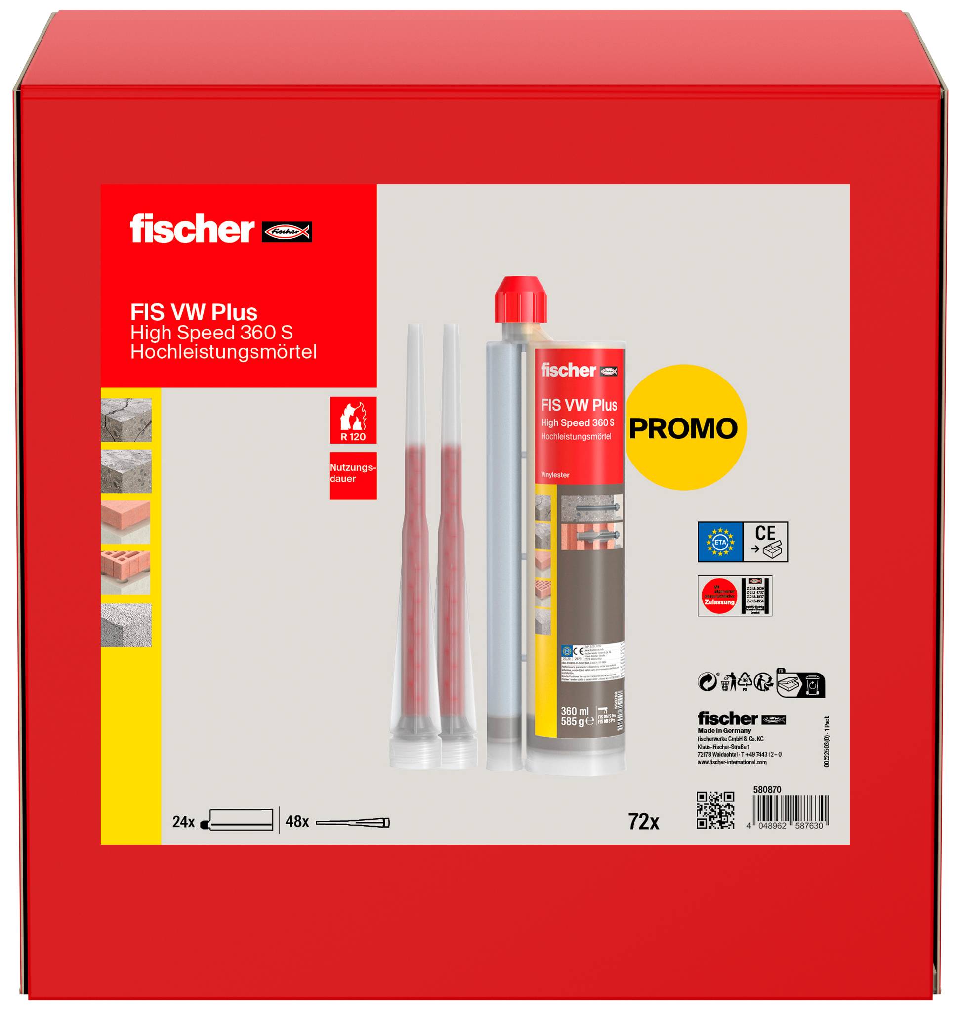 Red Fischer FIS VW Plus High Speed 360 S Chemieanker-Set mit Patrone, Mischrohr, PROMO-Etikett und Verwendungssymbolen