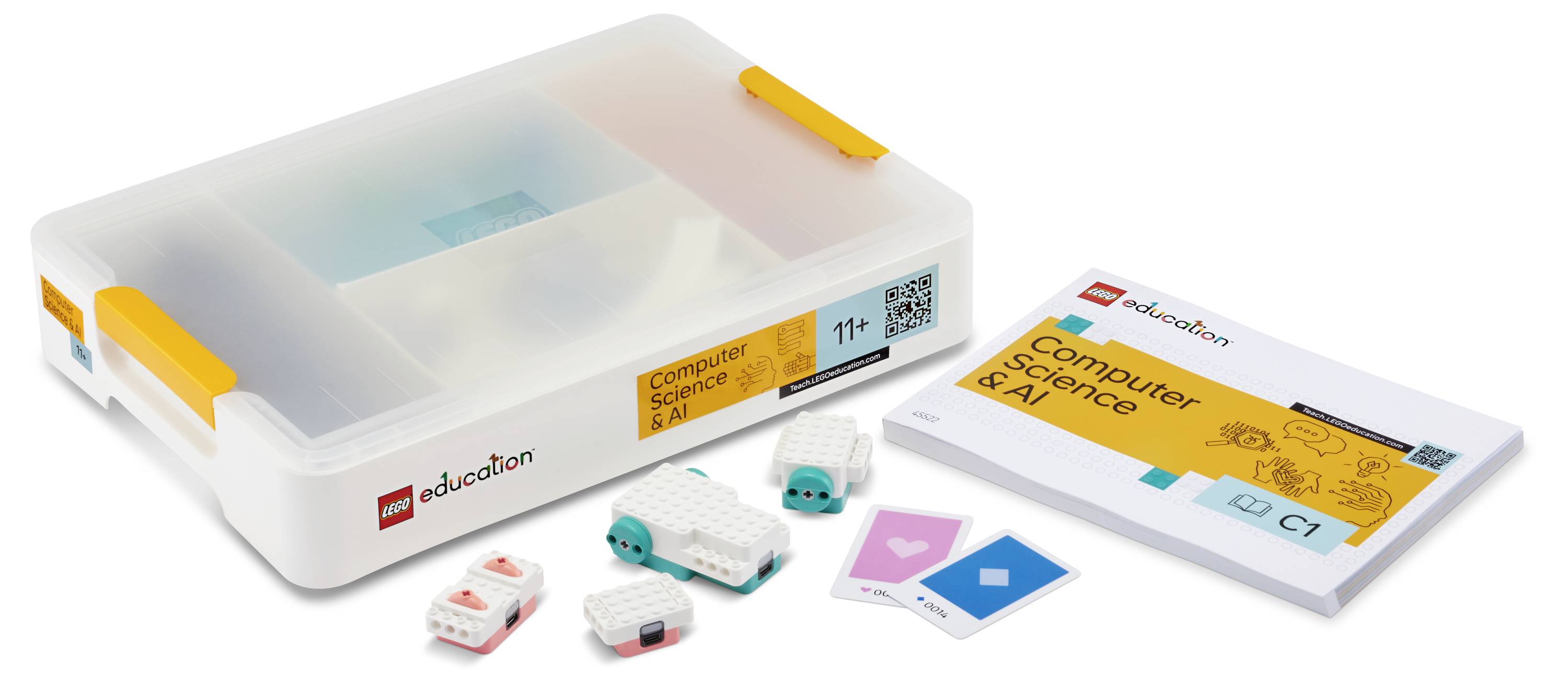 Lernkit für Informatik und KI enthält Komponenten in einer Aufbewahrungsbox, Anleitung und Montageteile mit Altersangabe 11+.