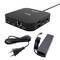 Eine schwarze Multi-Port-Dockingstation mit zwei HDMI-Anschlüssen, LAN, USB-C PD, zwei USB 3.0 und USB-C-Anschlüssen, abgebildet mit ihrem Netzteil und Kabel.