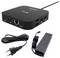 Eine schwarze Dockingstation mit zwei HDMI-Anschlüssen, USB- und LAN-Anschlüssen, einem Netzteil und einem Stromkabel.