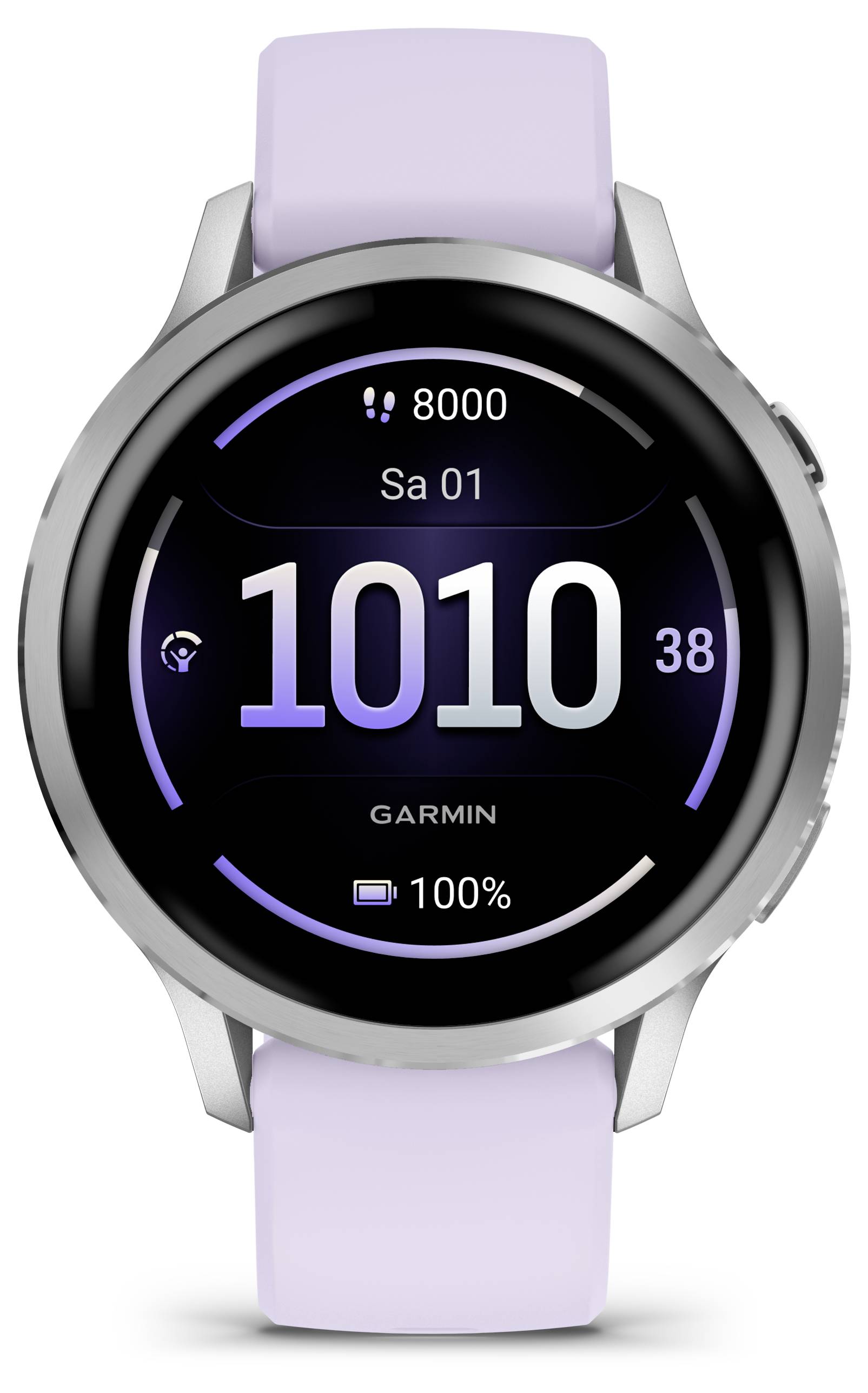 Eine moderne Smartwatch mit kreisförmigem Display zeigt prominent die Uhrzeit „1010" an. Der Bildschirm zeigt auch die Anzahl der gegangenen Schritte, das Datum als „Sa 01" und den Akkustand von 100%.