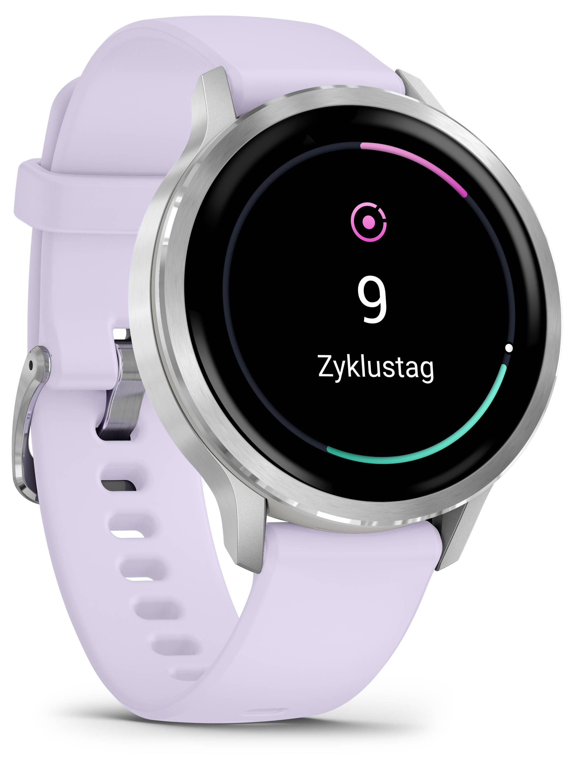 Eine Smartwatch mit einem Lavendelband zeigt eine kreisförmige Fortschrittsleiste und den Text „9. Zyklustag" auf dem Bildschirm an, was eine Zyklustag-Zählung anzeigt.