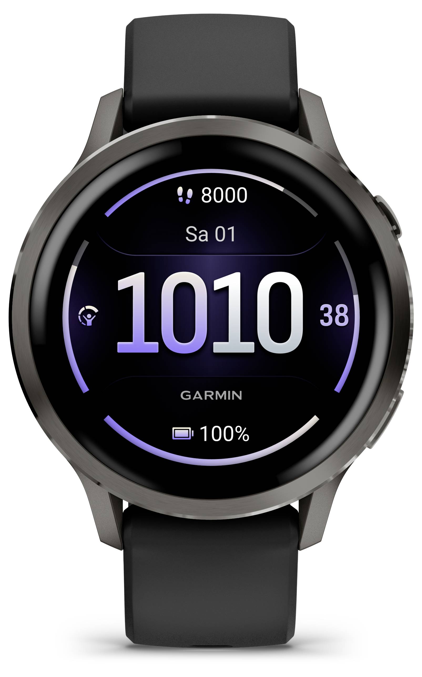 Eine Smartwatch zeigt die Uhrzeit „10:10:38", einen Schrittzähler von „8000" und einen Batteriestand von „100%" an. Der Hintergrund ist schwarz.