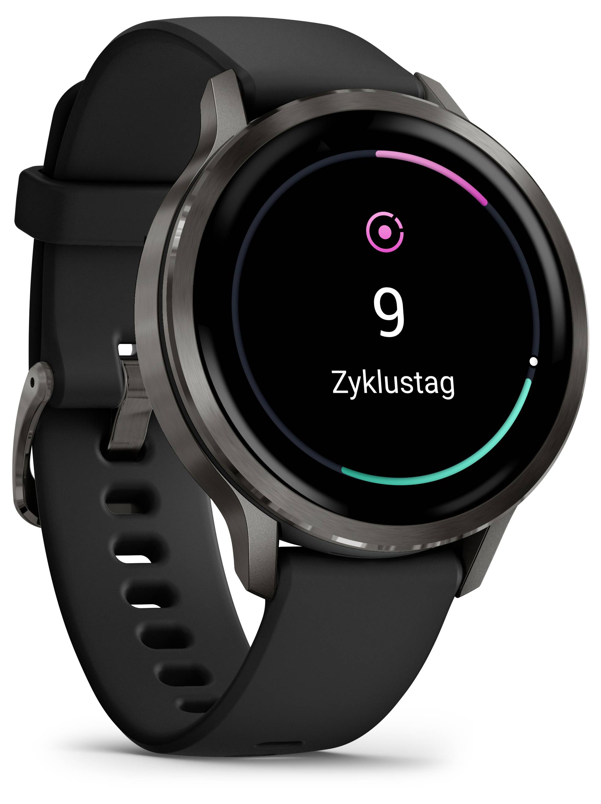 Smartwatch mit Bildschirm einer Zyklus-Tracking-App, die "Zyklustag 9" anzeigt. Verfügt über ein schwarzes Armband und ein rundes Metallgehäuse.