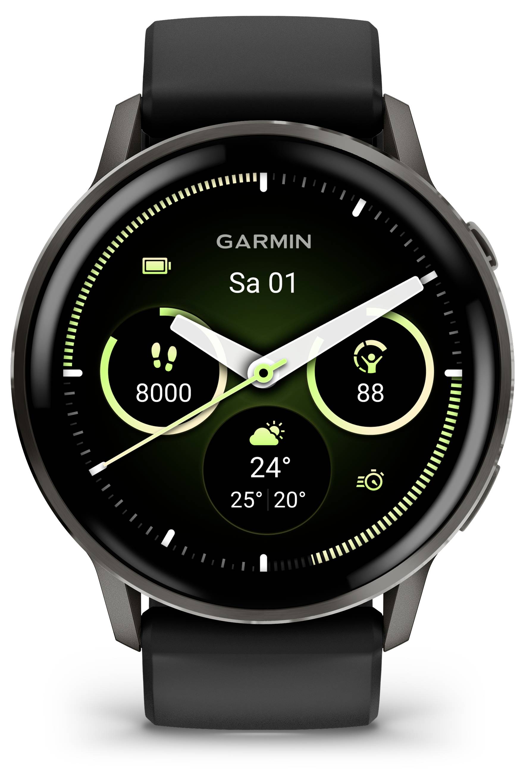 Eine schwarze Smartwatch, auf der das Datum „Sa 01", die Schrittanzahl „8000", die Herzfrequenz „88" und das Wetter „24°C" angezeigt werden.