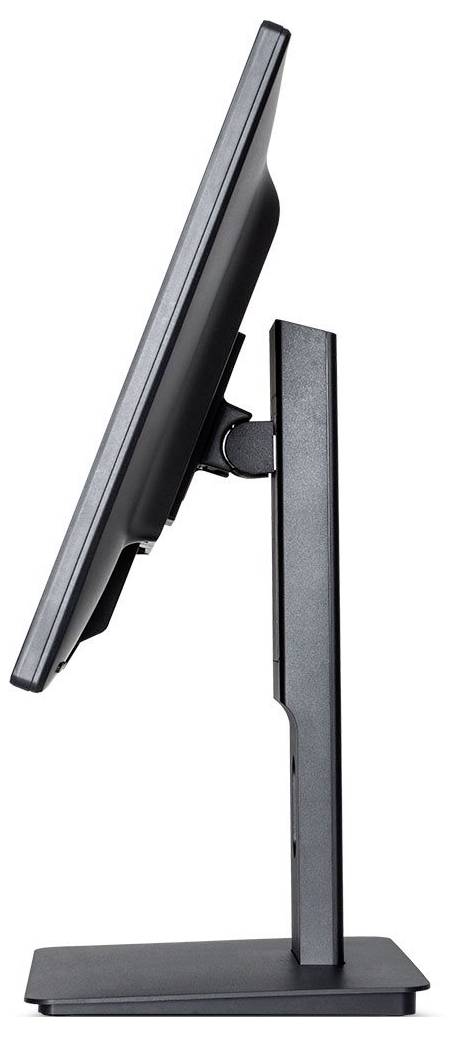 Eine Seitenansicht eines dünnen, schlanken Computermonitors, der aufrecht auf einer rechteckigen Basis steht und seinen verstellbaren Scharniermechanismus zeigt.