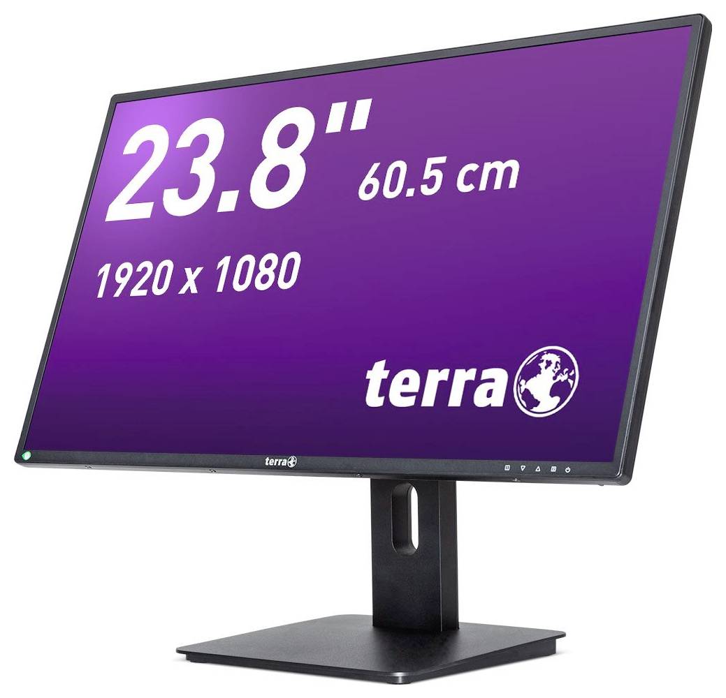 Ein Computermonitor zeigt „23,8", 60,5 cm, 1920 x 1080" auf einem violetten Hintergrund mit einem Logo unten rechts an.