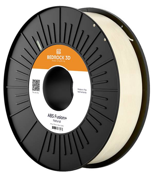 Spule „ABS Fusion+ Natural" 3D-Druckfilament von Bedrock 3D, mit der Kennzeichnung „Made in The Netherlands", mit schwarzer Spule und orangetem Etikett.