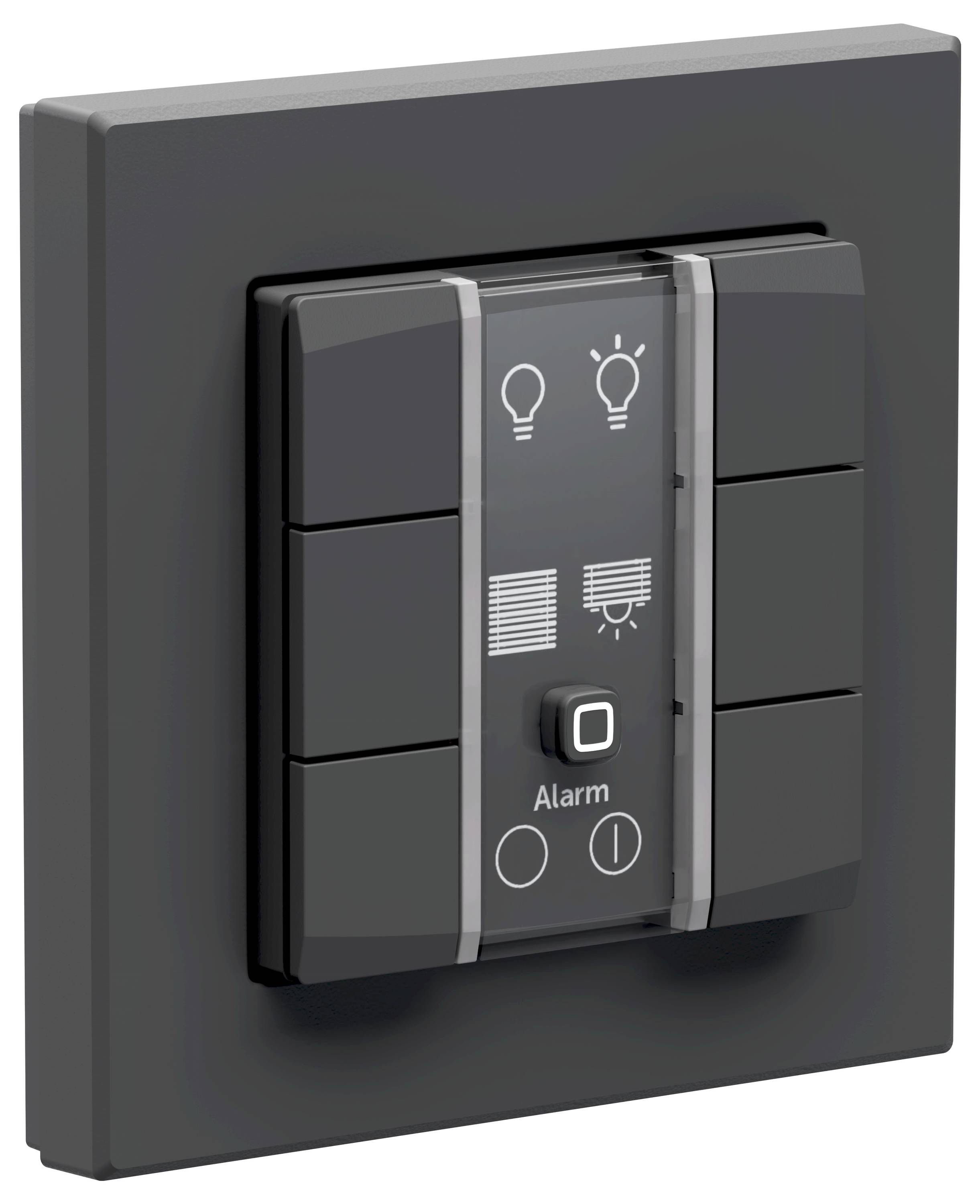 Ein schwarzes wandmontiertes Schalterpanel mit Tasten zur Beleuchtungs- und Jalousiensteuerung, unten mit "Alarm" gekennzeichnet und Symbolen für Funktionen.