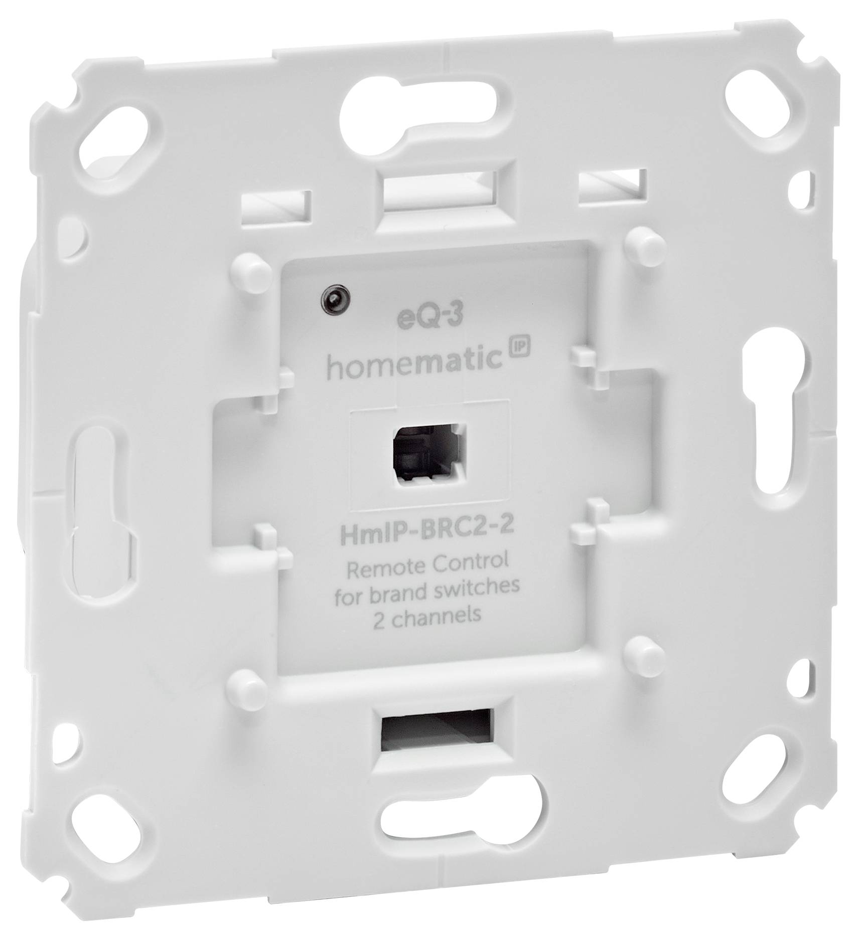 'Fernbedienung für Markenschalter, 2 Kanäle' von eQ-3 Homematic. Weißes, quadratisches Gerät mit zentralem Anschlussport und Montageklammer.