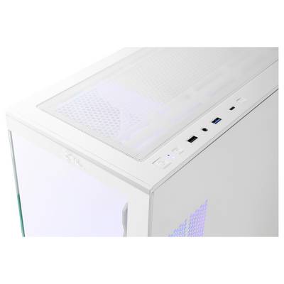 Ein weißes Computergehäuse mit USB-Anschlüssen an der Vorderseite und einem Ein-/Aus-Schalter, das ein Netzgitter-Oberteil zur Belüftung aufweist.