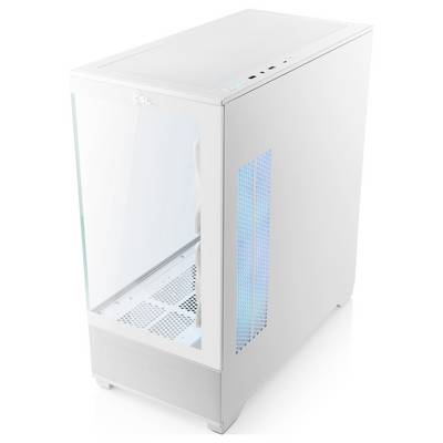 Ein schlanker weißer Computer-Tower mit transparentem Seitenpanel, das interne Komponenten zeigt, mit blauen LED-Akzenten und Anschlüssen im oberen Panel.