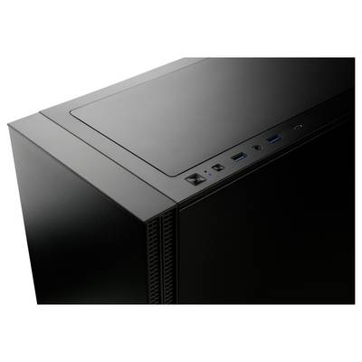 'Draufsicht auf die obere Ecke eines schwarzen Computergehäuses mit Stromschalter, Anschlüssen und einem Teil des Frontpanels; minimalistisches Design.'