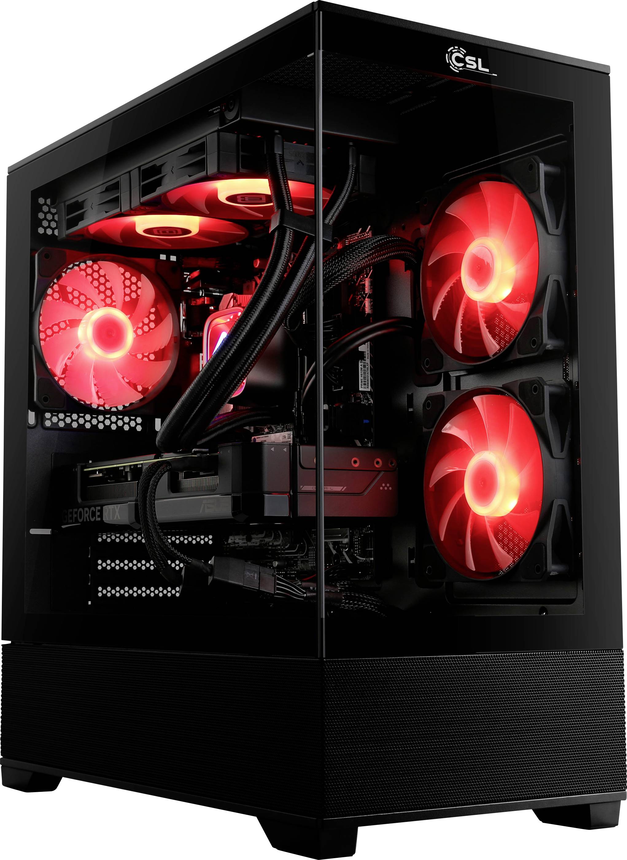 Ein schwarzer Computer-Tower mit transparenter Seitenverkleidung, der leuchtende rote Kühlventilatoren und interne Komponenten zeigt und ein Gaming-Setup präsentiert.
