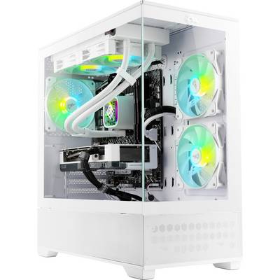 Ein weißes Gaming-PC mit Glasseitenpaneel zeigt RGB-beleuchtete Kühlventilatoren, ein Wasserkühler-system und moderne Komponenten im Inneren.