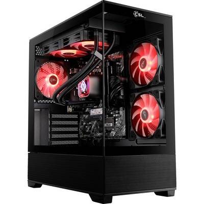 Ein moderner Desktop-Computer mit transparenter Seitenwand, die rote LED-Lüfter und interne Komponenten zeigt, wobei die Kühl- und Designfunktionen hervorgehoben werden.