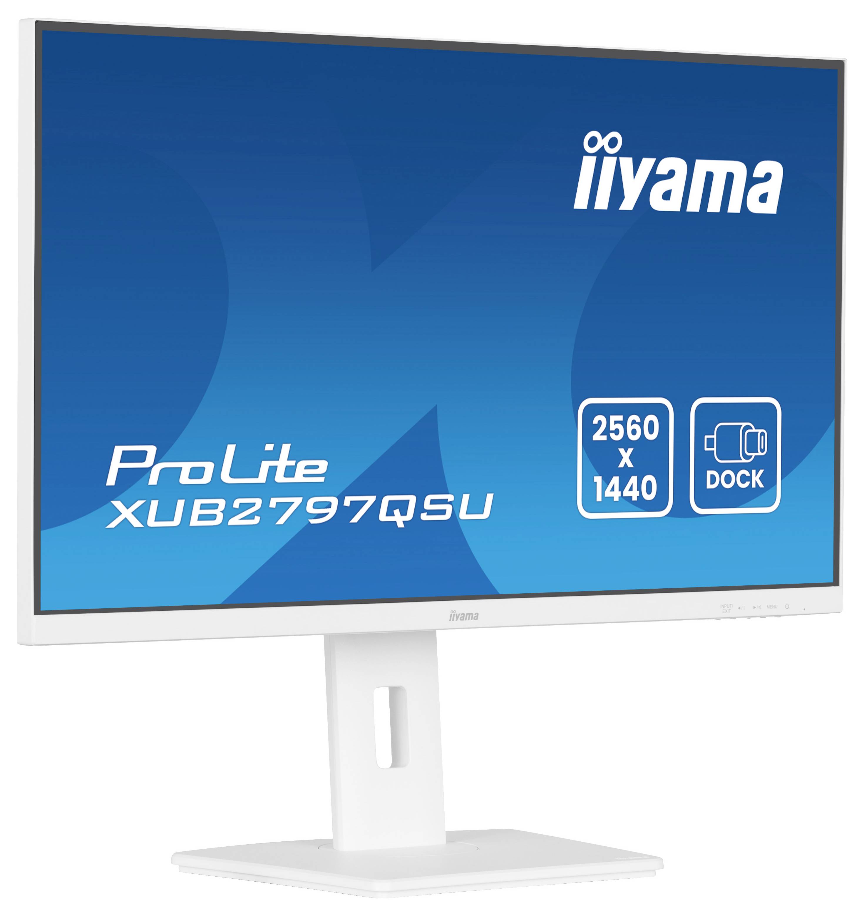 Ein weißer iiyama ProLite Monitor zeigt sein Modell XUB2797QSU, eine Auflösung von 2560x1440 und die Funktion „DOCK" auf einem blauen Bildschirm an.