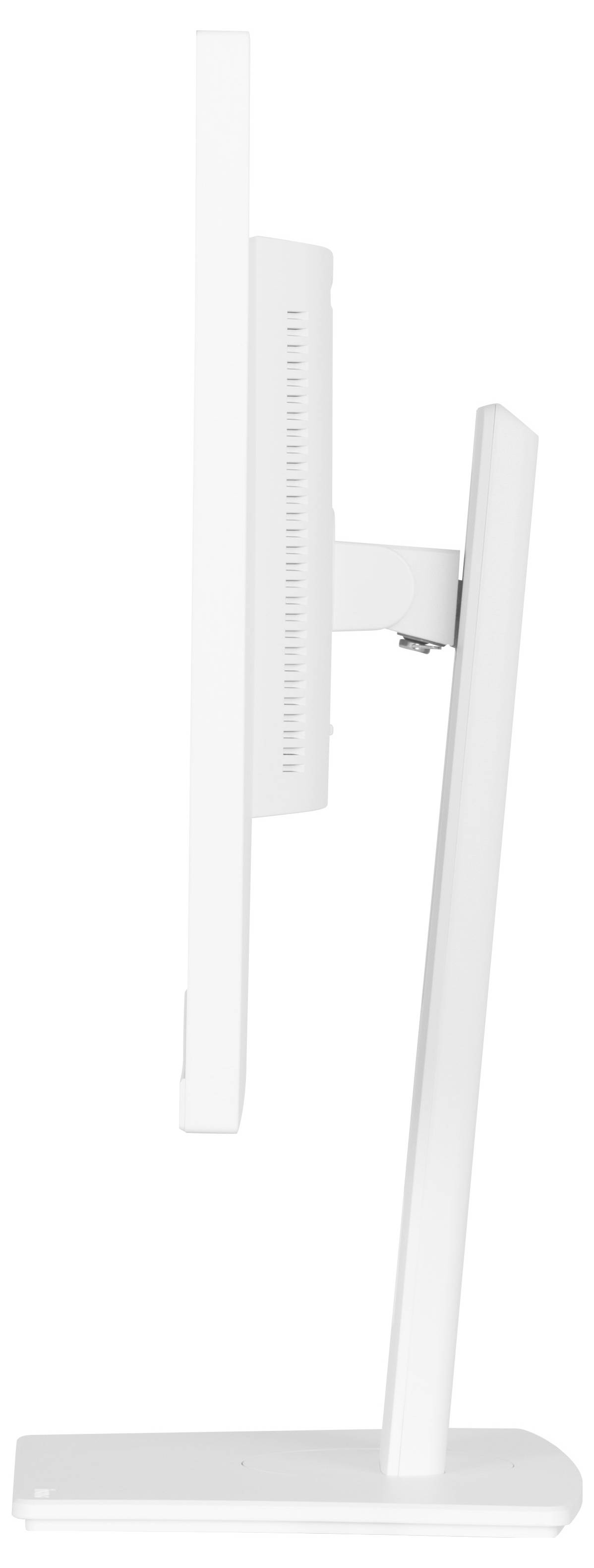 Seitenansicht eines dünnen, modernen Computermonitors auf einem eleganten Ständer, der das schlanke Design und das minimalistische Erscheinungsbild zur Schau stellt.