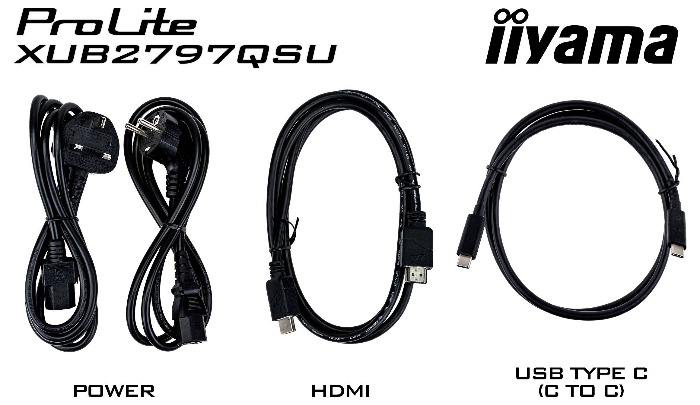 Die Kabel des "ProLite XUB2797QSU" von iiyama umfassen ein Stromkabel, ein HDMI-Kabel und ein USB-Typ-C-Kabel (C zu C).