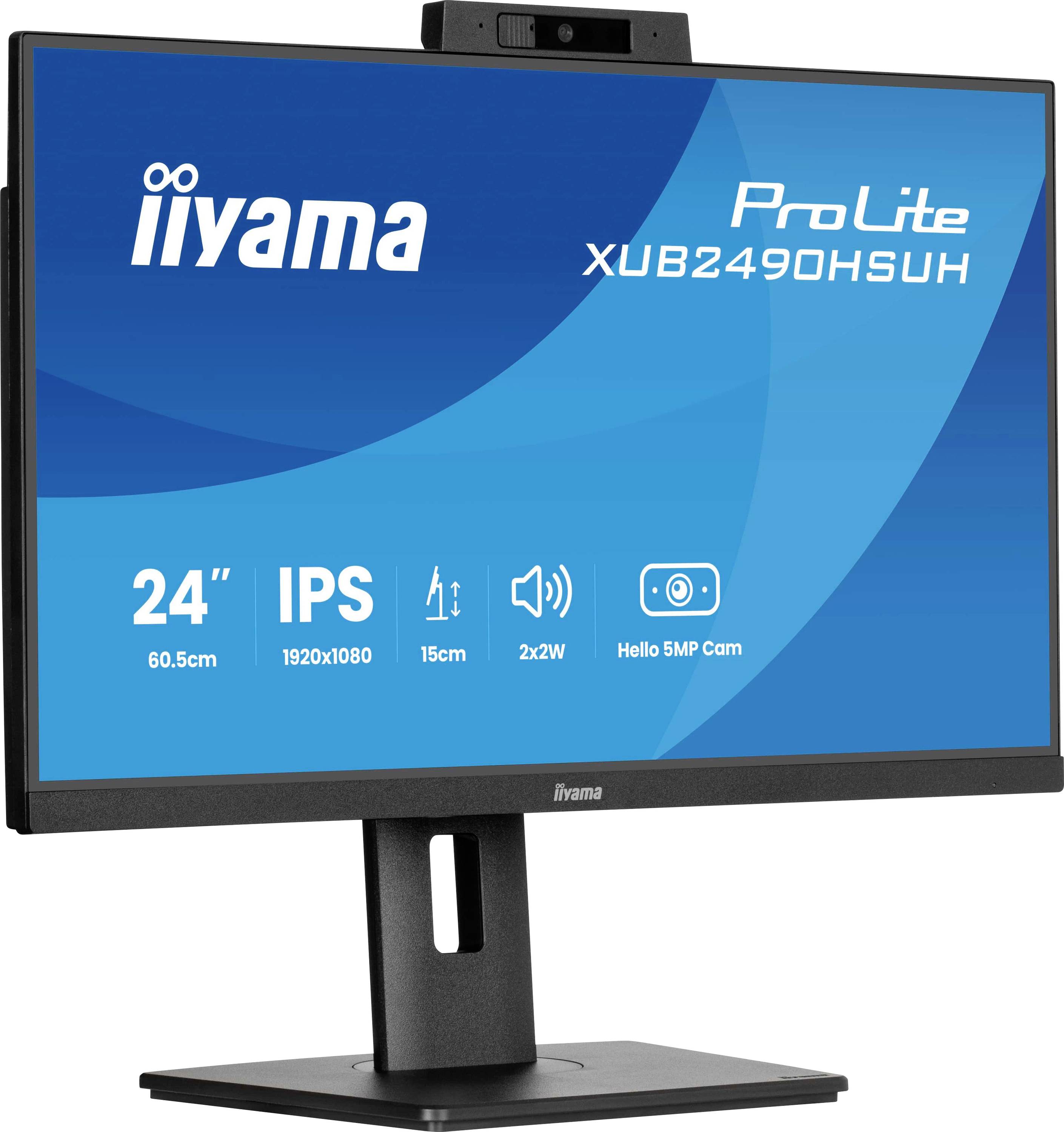 Monitor mit Marke und Modell „iiyama ProLite XUB2490HSUH", mit den folgenden Spezifikationen: 24 Zoll, 1920x1080 Auflösung, IPS-Panel, 5MP-Kamera.