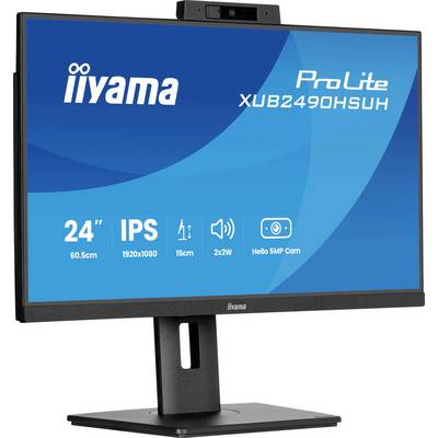Monitor mit Marke und Modell „iiyama ProLite XUB2490HSUH", mit den folgenden Spezifikationen: 24 Zoll, 1920x1080 Auflösung, IPS-Panel, 5MP-Kamera.