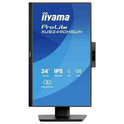 Monitor mit Anzeige „iiyama ProLite XUB2490HSUH", mit 24-Zoll-IPS-Bildschirm, 1920x1080-Auflösung, 5-MP-Kamera und 2x1W-Lautsprechern.
