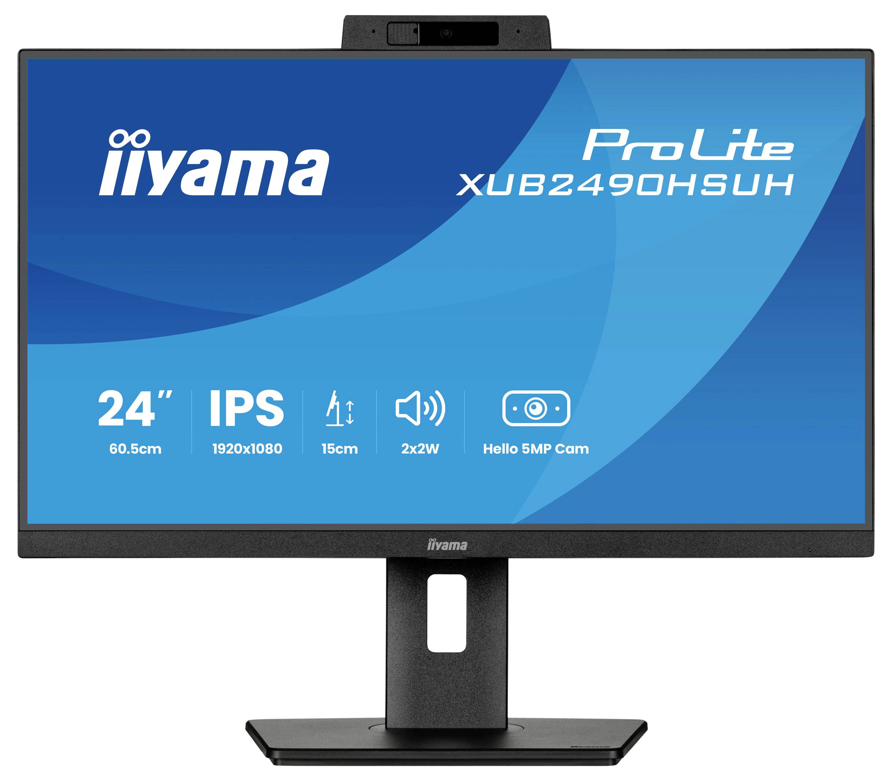 iiyama ProLite XUB2490HSUH Monitor, 24" Full HD, IPS-Panel, 1920x1080 Auflösung, integrierte 5MP-Kamera, 2x2W-Lautsprecher, höhenverstellbar.