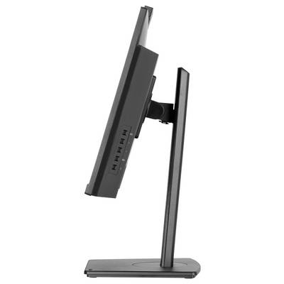 Ein dünner, schwarzer Computermonitor von der Seite betrachtet, der ein elegantes Design mit einem verstellbaren Ständer zeigt.