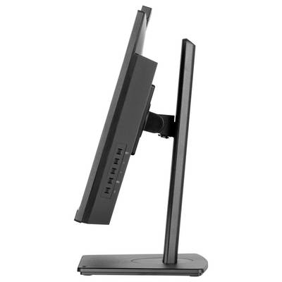 Eine Seitenansicht eines schlanken, schwarzen Computermonitors auf einem Ständer. Tasten sind auf der linken Seite des Monitorrahmens sichtbar.