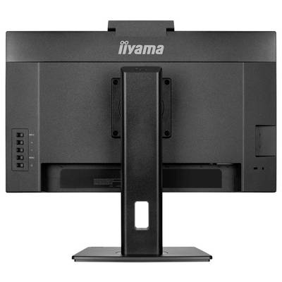 Ein schwarzer iiyama-Monitor von hinten betrachtet, der Tasten und Ständer zeigt, mit sichtbarem Branding oben auf dem Bildschirm.