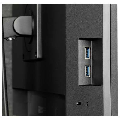 'Seitenansicht eines Monitors mit zwei USB-Anschlüssen und Teil des Montagearms im Hintergrund sichtbar.'