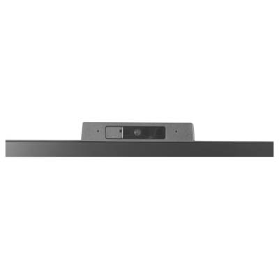 Eine graue Webcam, die oben auf einem schwarzen Monitor positioniert ist, mit einer Linse in der Mitte und einem kleinen Loch, wahrscheinlich für ein Mikrofon.